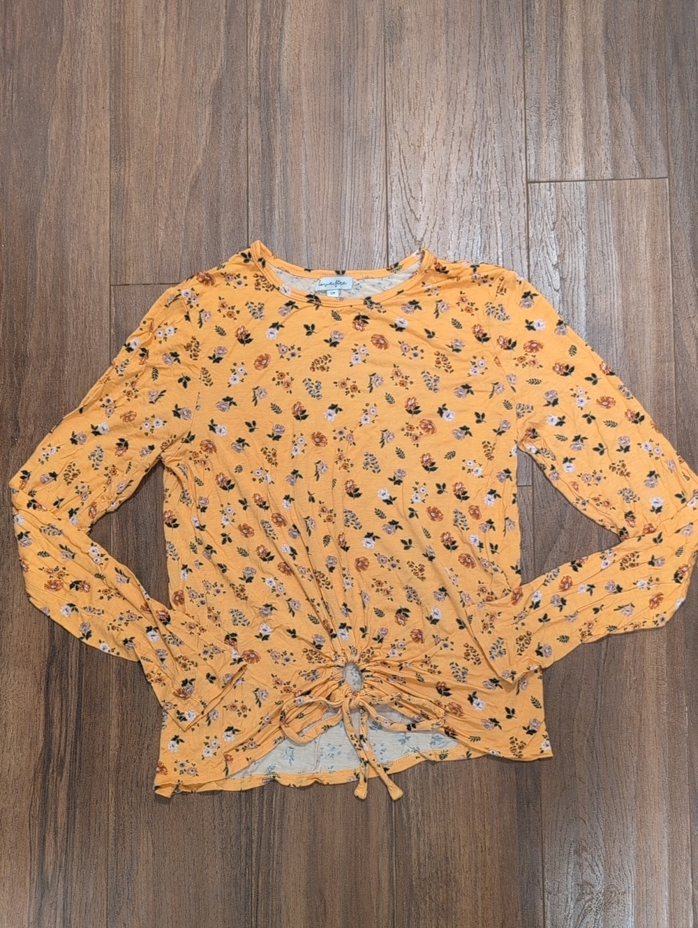 Women's Mustard Floral Print Long-Sleeve Tie-Front Top